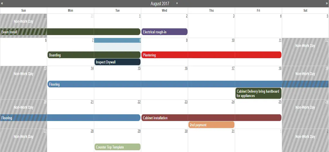 calendar Calendar showing a renovation schedule