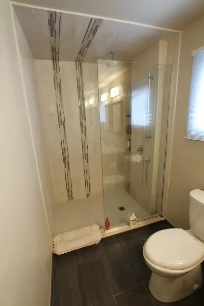 Modern bathroom with a glass-enclosed walk-in shower featuring vertical decorative tile strips, a white toilet, dark floor tiles, a window with blinds, and bath products on the shower floor.
