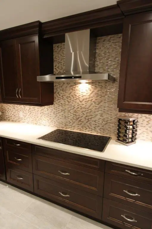 Modern kitchen countertop with dark wood cabinets, an electric stovetop, stainless steel range hood, mosaic tile backsplash, and a spice rack on the right side.
