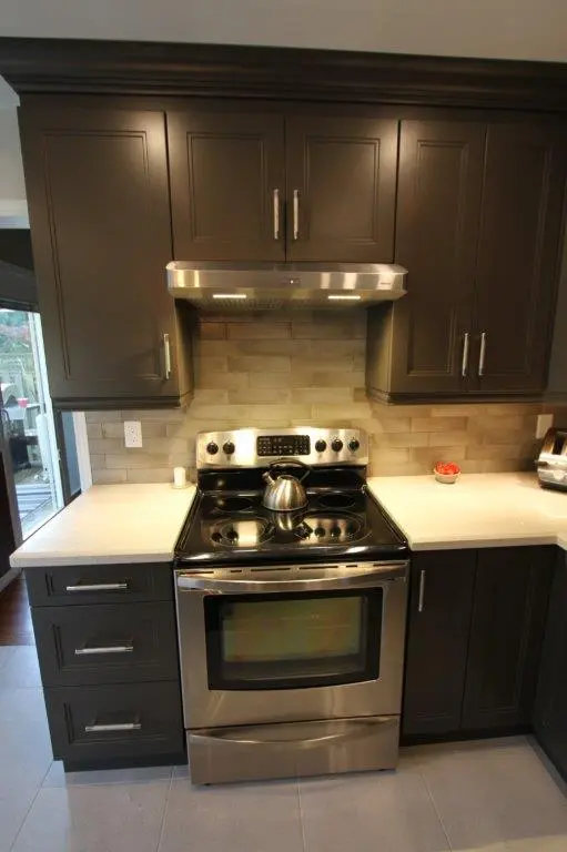Modern kitchen stove with a stainless steel electric range and hood, surrounded by dark wooden cabinets and a light-colored countertop with a tiled backsplash.