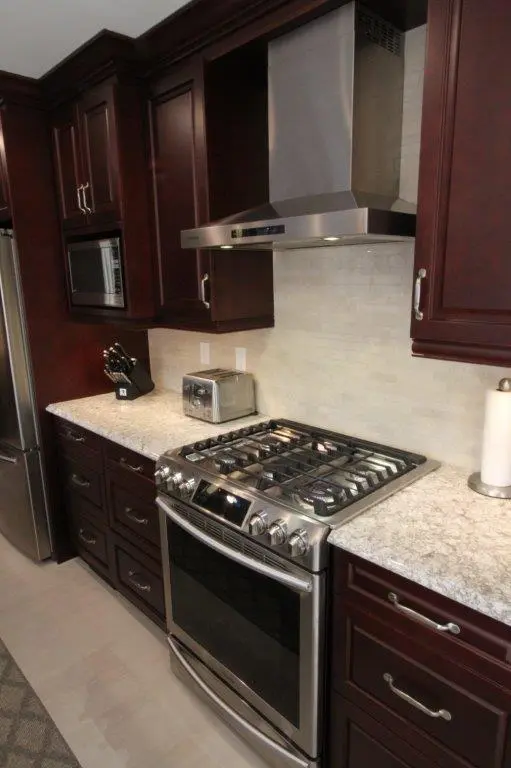 Modern kitchen with dark wooden cabinets, a stainless steel gas stove and oven, a stainless steel range hood, a toaster, a knife block, and a paper towel holder on a light-colored granite countertop.