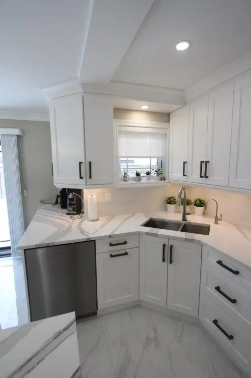Modern kitchen corner with white cabinets, a double stainless steel sink, and quartz countertops. There are plants on the windowsill and a coffee maker on the counter next to a dishwasher.