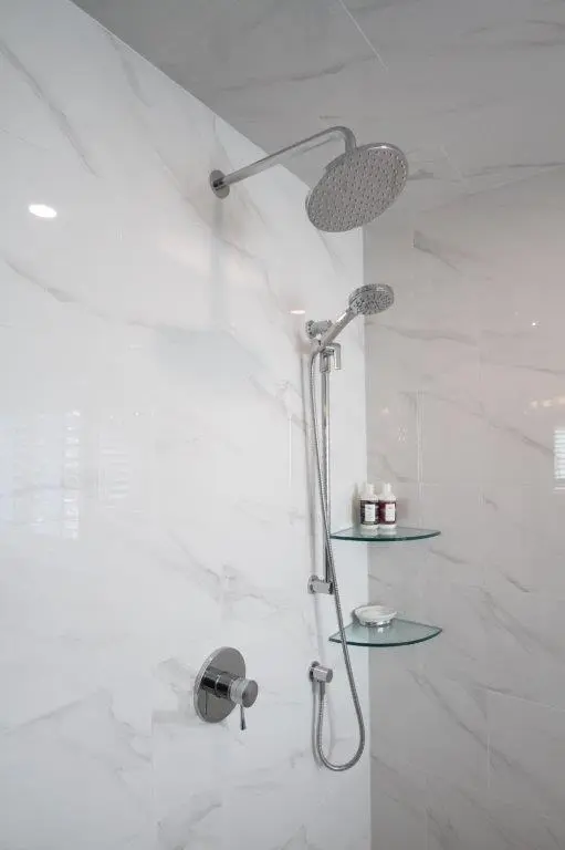 A modern shower featuring a wall-mounted rain showerhead and a handheld shower wand against a sleek marble-tiled wall, with two glass shelves holding bottles and a soap dish.