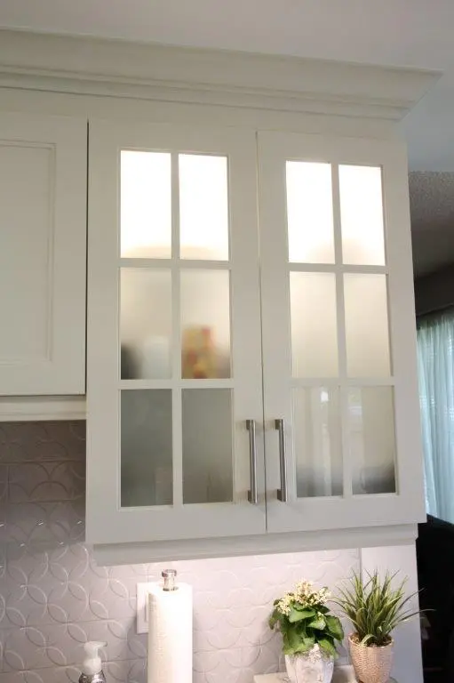 A kitchen cabinet with frosted glass panes, featuring geometric patterns and metal handles, set above a counter with a paper towel holder and small potted plants.