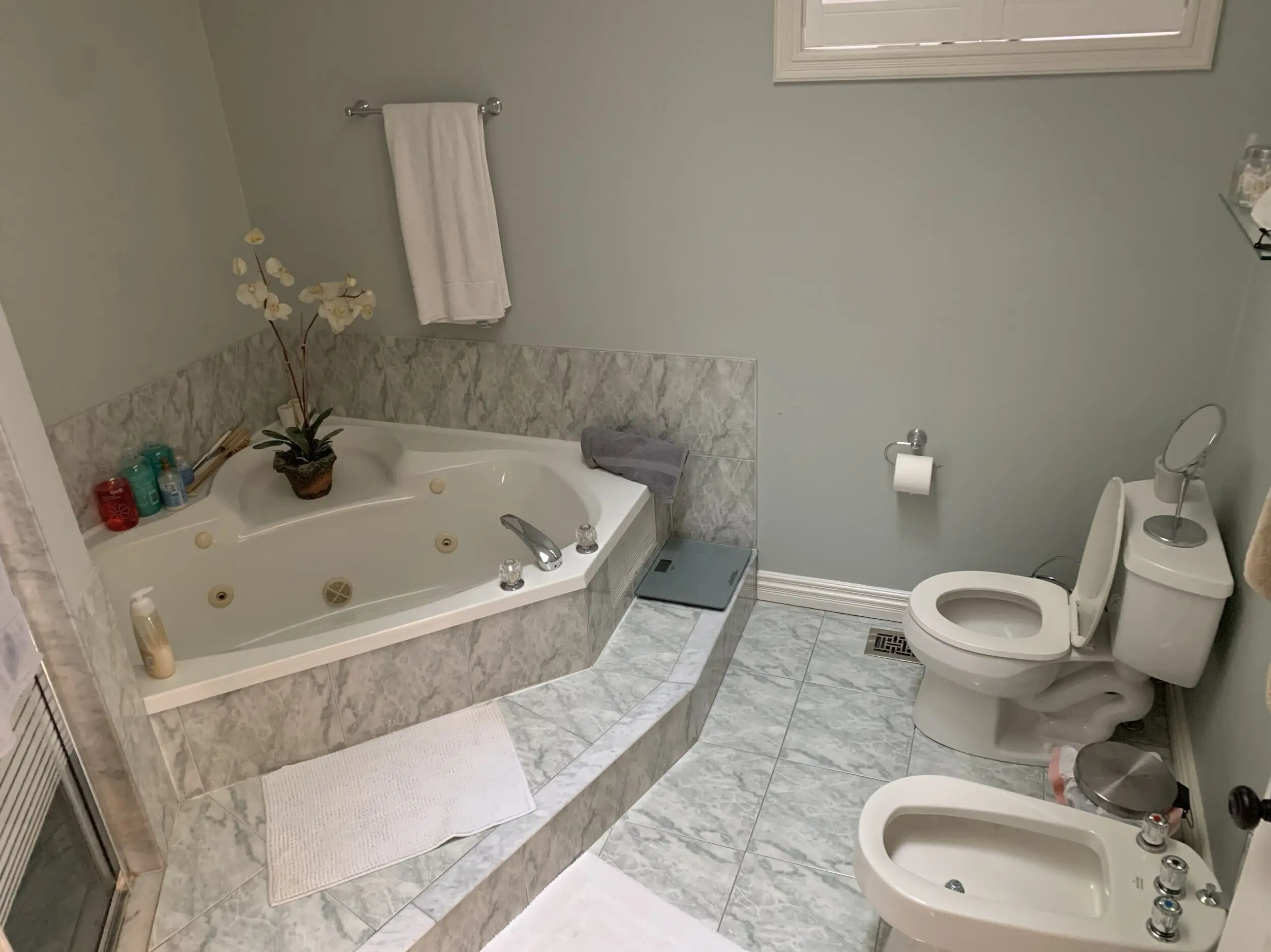 A before renovation bathroom featuring a corner whirlpool bathtub. The room also includes a toilet and bidet.