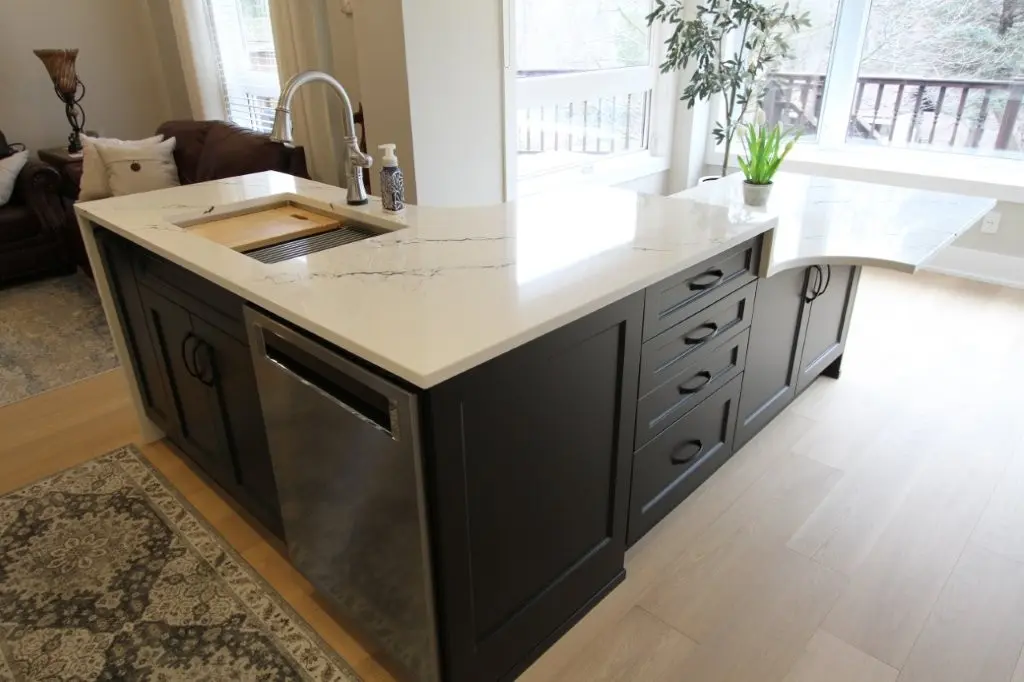 Modern kitchen island with dark cabinetry and white quartz countertop featuring a built-in stainless steel dishwasher, a sink with a curved faucet, soap dispenser, and a small potted plant near a large window letting in natural light