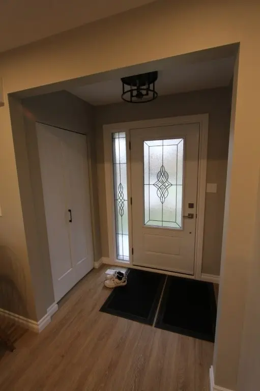 Entryway with a white front door featuring decorative frosted glass panels, a pair of white shoes on the floor, two black mats, light wood flooring, and beige walls with a ceiling light fixture above.