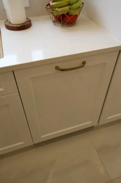 Close-up of a kitchen countertop with white dishwasher cabinet below, a brass handle on the cabinet door, a basket of bananas and tomatoes on the counter, and a paper towel roll on a wooden holder.