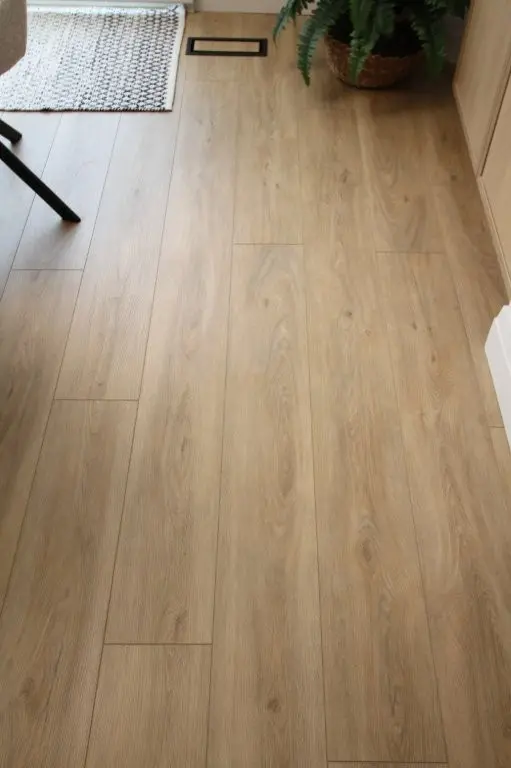 Light brown wooden floor with visible grain patterns, part of a black chair leg on the left, a woven basket with a green fern in the upper right corner, and a small portion of a white and black patterned rug at the top left corner.