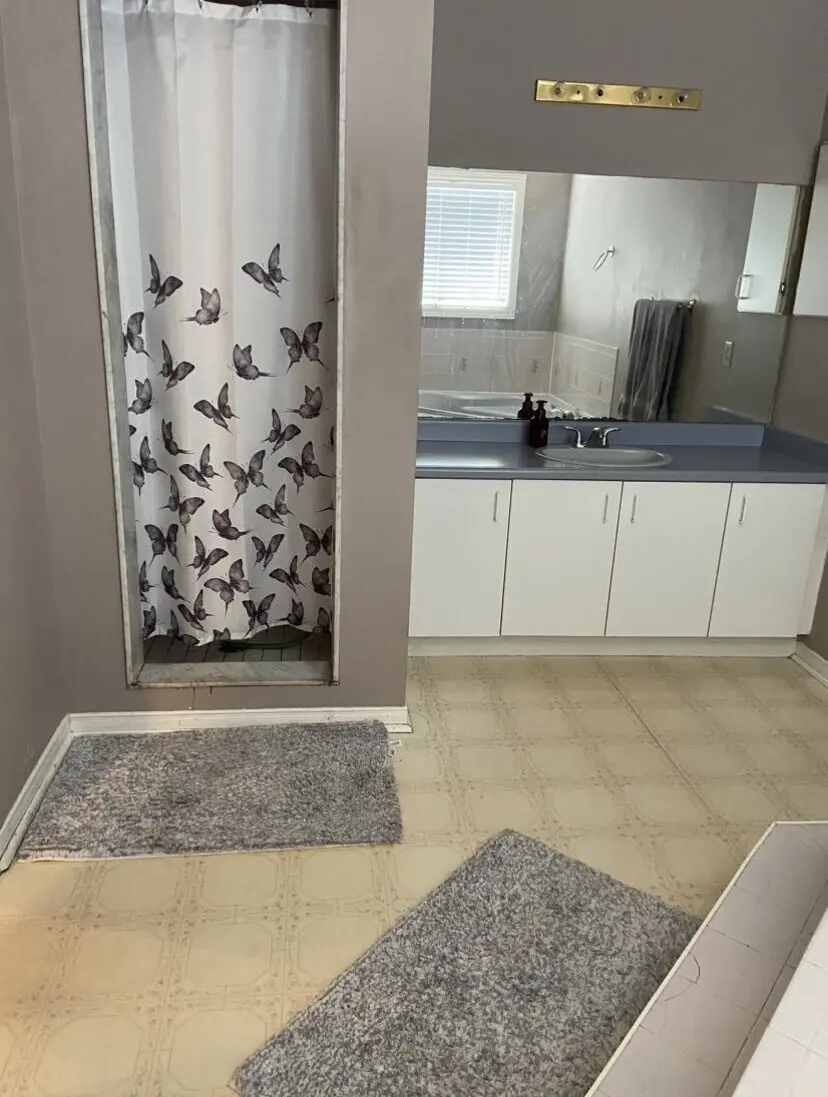 Before pictures of bathroom with gray walls, butterfly-patterned shower curtain, white vanity with sink and large mirror, and gray bath rugs on vinyl floor