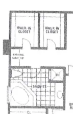 Partial architectural floor plan showing before renovation with two adjacent walk-in closets above a bathroom with tub, shower, toilet and sink, labeled spaces and doors.