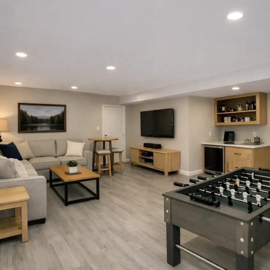 Basement entertainment room with a gray sectional sofa, coffee table, wall-mounted TV, small wet bar, and foosball table in the foreground. Basement entertainment room with a gray sectional sofa, coffee table, wall-mounted TV, small wet bar, and foosball table in the foreground.