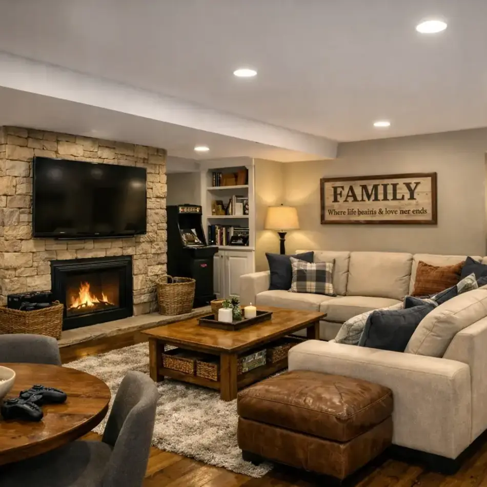 Cozy basement living room with large beige sectional, stone fireplace, wall-mounted TV, wooden coffee table, and "FAMILY" sign. Cozy basement living room with large beige sectional, stone fireplace, wall-mounted TV, wooden coffee table, and "FAMILY" sign.