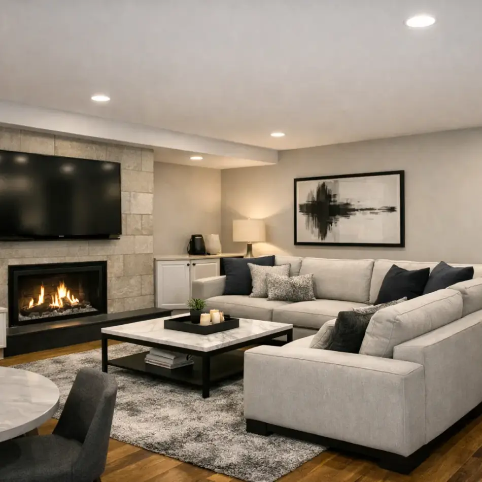 Modern cozy living room with a large light-gray sectional sofa, marble coffee table, wall-mounted TV above a stone fireplace, abstract wall art, and wood floors. Modern cozy living room with a large light-gray sectional sofa, marble coffee table, wall-mounted TV above a stone fireplace, abstract wall art, and wood floors.