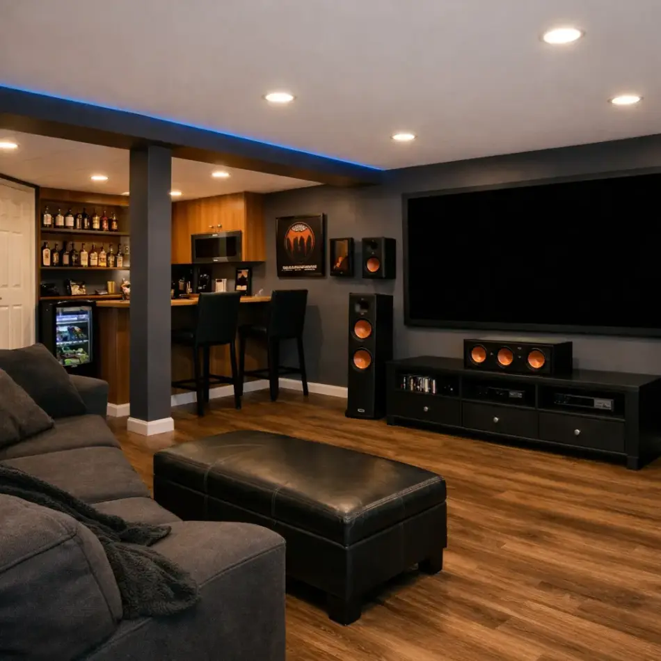 Cozy basement home theater with large wall-mounted TV, surround speakers, dark sectional sofa, ottoman, and small bar area. Cozy basement home theater with large wall-mounted TV, surround speakers, dark sectional sofa, ottoman, and small bar area.