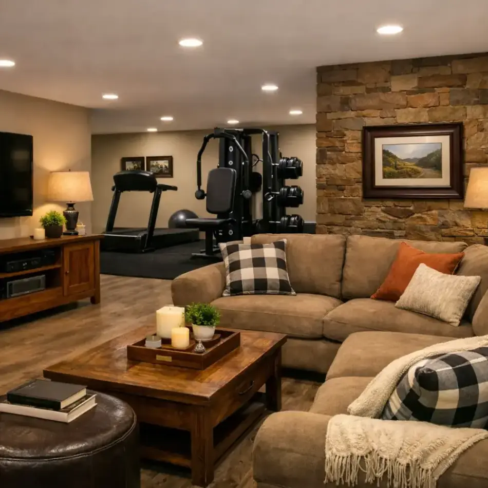Cozy basement living room with sectional sofa, wooden coffee table, TV console, lamps, and home gym equipment in background Cozy basement living room with sectional sofa, wooden coffee table, TV console, lamps, and home gym equipment in background